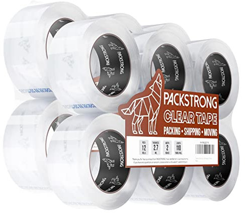 Packstrong Transparentes Packband in Industriequalität, 12 Rollen – extra lang 100 Meter pro Rolle – 5,1 cm breit x 2,7 mm dick, Acryl-Klebeband für Kiste, Umzug, Verpackung, Versand