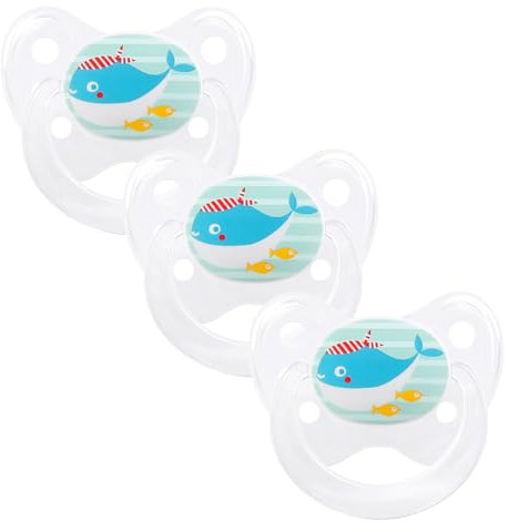 dentistar Silikon Schnuller 3er-Set - Größe 2, 6-14 Monate - Zahn- & kieferfreundlicher Nuckel mit Dental-Stufe – BPA-frei – Made in Germany - Wal, Transparent
