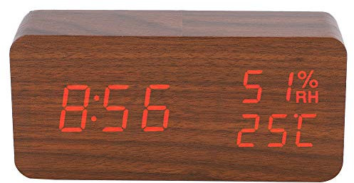 Digitaler Wecker aus Holz, rechteckige LED-Rotlicht-Holzuhren, einstellbare Helligkeit und Sprachsteuerung, Anzeigezeit Temperatur Datum für Schlafzimmer Büro zu Hause (Braun)