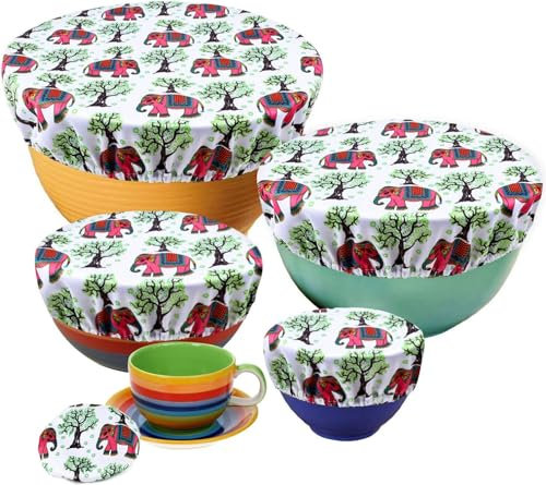 PHOGARY 5 Couvercles de Bol Réutilisables, Couvercles en Tissu Imperméables pour Le Bol à Salade en Verre, Le Pot, Les Melons (Fit 2.7-14 Pouces), la Bordure Élastique (Éléphant)
