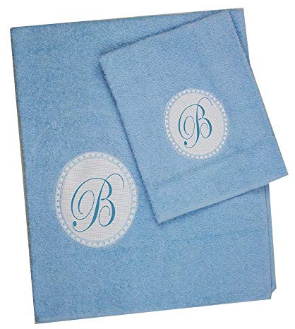 MAGIE DI CASA Handtücher mit Initialen, 2-teiliges Set aus Frottee, Gesicht und Gästehandtuch aus 100% Baumwolle, Made in Italy (Hellblau