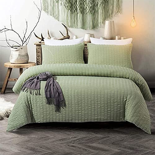 Green Classic Seersucker Bedding Set- Puckering Duvet Cover with 2 Pillowcases, Zipper Closure for Teens Adults Double Size 200×200cm