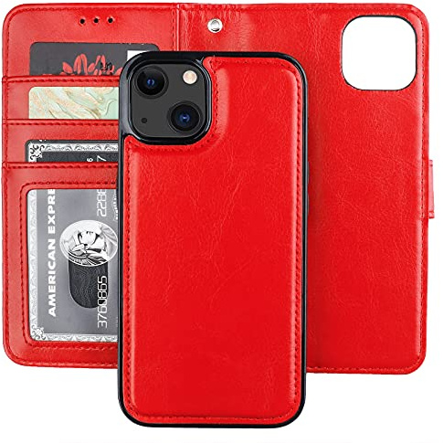 Bocasal iPhone 13 Mini Detachable Wallet Case with Strap, 5.4 inch, Faux Leather, Shock-Absorbent, Magnetic, Kickstand, Card Slot, Red, Flip, Unisex