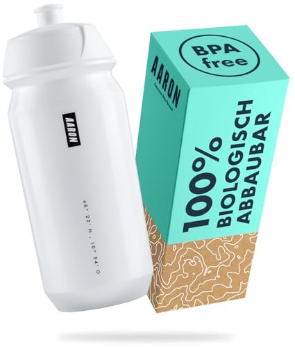 AARON ECO Trinkflasche aus nachhaltigem Zuckerrohr, 500 ml, leicht und auslaufsicher, praktische BPA-freie Wasserflasche für Sport, Fitness, Wandern, Outdoor in weiß
