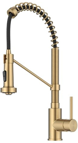 KRAUS Bolden Commercial Style 2-Function Single Handle Pull Down Kitchen Faucet in Spot-Free Brushed Brass, KPF-1610BB