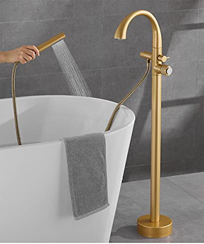 Bodenstehender Wasserhahn Badewanne Heiß-Kaltwasser-Misch Bodenmontierte Badewannenarmaturen mit Handbrause-Gold