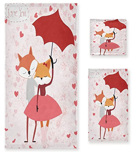 Vnurnrn Fuchs Baby Cartoon LiebeHandtuchset für Badezimmer(1 Badetuch & 1 Handtuch & 1 Waschlappen) Geruchsresistente Handtücher für Mädchen Kinder