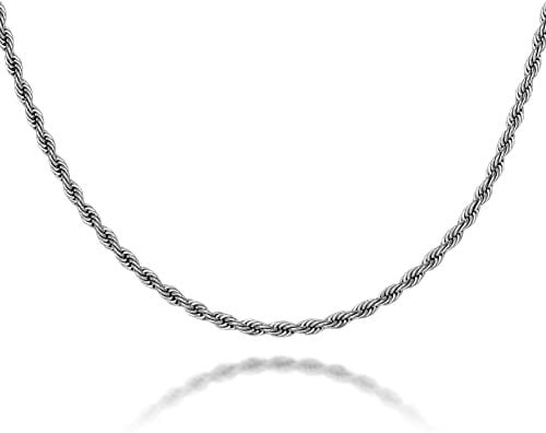 YIMERAIRE 3MM Rope Chain Necklace For Men,18k Gold Plated Stainless Steel Gold Chains, 24 Inches Silver Chain For Women, Hip Hop Costume Jewelry