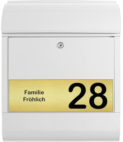 banjado® Briefkasten personalisiert mit graviertem Namensschild in Gold/Briefkasten weiß 39x47x14cm / Briefkasten mit Hausnummer, Namen & Motiv Gravur 1 / Briefkasten mit Zeitungsfach