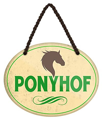 Ponyhof - Blechschild für Pferdebesitzer Pferdehalter Pferdeliebhaber - Deko Metallschild mit Kordel und Saugnapf - Geschenkidee für Reiterinnen und Reiter - Dekoration Reiterhof - 18 cm x 12 cm