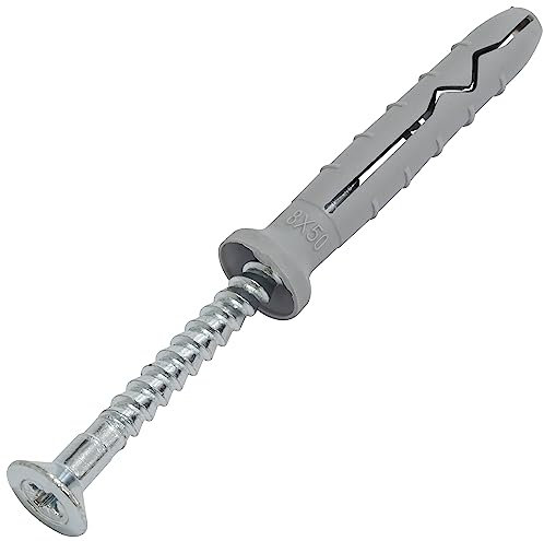 AERZETIX - C67160 - Lot de 50 Chevilles à Clou Ø8x50mm à collerette biseautée en polyéthylène + 50 Clou-vis Ø4.9x55 mm à tête fraisée PZ2 en Acier - à Frapper - ossature métallique béton Brique