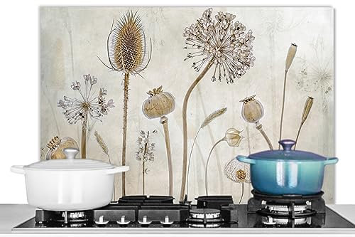 KitchenYeah© Pannello Paraschizzi Cucina Alluminio 90x60 cm Para Schizzi per Piano Cottura Parete Cucine Fiori - Acquerello - Natura morta - Marrone - Vintage