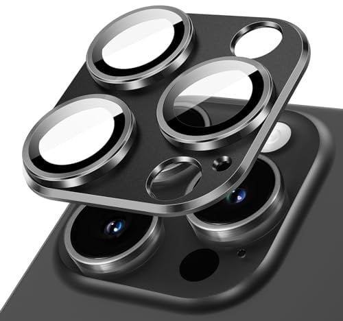 JETech Protector Lente Cámara para iPhone 15 Pro 6,1 Pulgadas y iPhone 15 Pro Max 6,7 Pulgadas, Cobertura Completa 9H Cristal Vidrio Templado Anillo, Placa Metal Mate, 1 Unidades (Negro espacial)