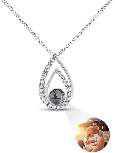 Auinniuz Gedenk Fotokette aus Sterling Silber – Projektionskette mit individuellem Bild – Halskette mit Foto Innen Silver