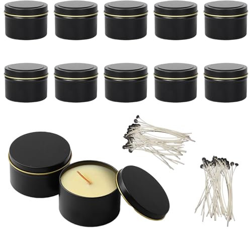 Jortmrd Lot de 12 Mini Contenant pour Bougie Ronds 110ml Pot Bougie Vide Metal avec Couvercle Fabrication de Bougies avec 100 Mèche Bougie, Noir Pots de Stockage de thé Séché, Épices, Cadeaux