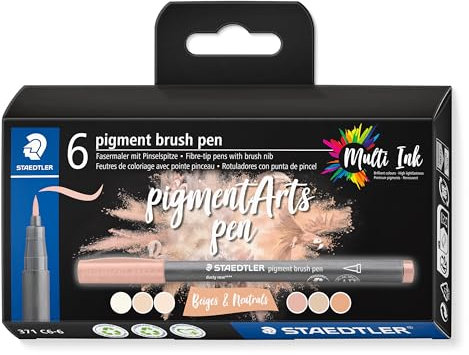 STAEDTLER brush pen pigment Arts, Premium-Zeichentusche, Pinselspitze für variable Linienbreite, wasserfest, schnelltrocknend, 6 brush pens in sortierten Farben im Kartonetui, 371 C6-6