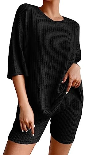2 Teiler Damen Sommer Loungewear Homewear Strick Zweiteiler Yoga Outfit Cozy Sport Set Pyjama Frauen Two Piece Set Travel Outfit Homewear Women Sommer Outfits Zweiteiler Damen Schwarz L