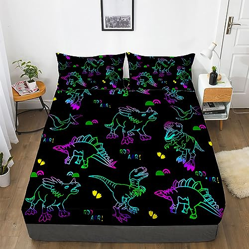 Gusuhome Juego de sábanas de dinosaurios tamaño matrimonial para niños, juego de sábanas bajeras de dinosaurio jurásico colorido 3D para niños y adolescentes, ropa de cama de microfibra suave con