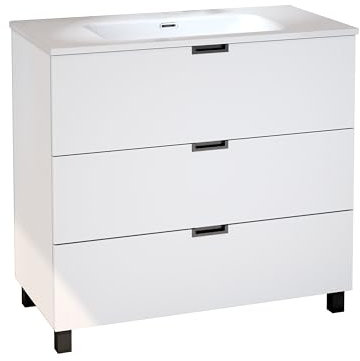 Baikal Mueble de Baño Tail. Conjunto de Baño de 3 Cajones con Patas, Apertura Mediante Triple uñero. Incluye Lavabo Cerámico. Mueble de Fondo de 46cm. Mueble MONTADO. Sin Espejo 90 cm Blanco