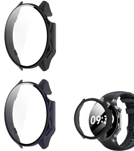 CBDYWVR Case for ONEPLUS Watch 2 Smartwatch, Screen Protector Cover for OnePlus Watch 2, Hard PC Frame Embedded with Tempered Glass, Compatible with OnePlusWatch 2 Smartwatch (2 Pack-Black + Blue)