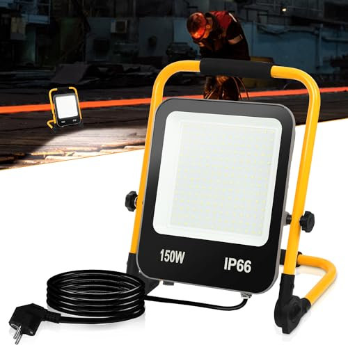 Jopassy LED Baustrahler 2 x 150W, 13000LM, IP66 Wasserdicht, 6000K Kaltweiß, Tragbar mit Stecker und 3m Kabel, Faltbarer Ständer LED Arbeitsleuchte für Innen und Außen