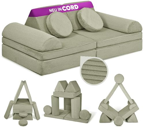 Linodino® Spielsofa Cord Fantasiewelt, Kindersofa-Bausteine - Kreative Stapelsteine für Kinder - Kindercouch, Sofa-Kuschelecke im Kinderzimmer | Schaumstoff-Softbausteine [Kieselgrau]