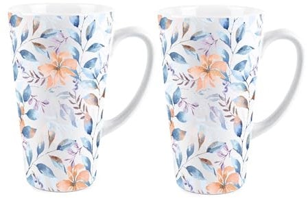 Purely Home Watercolour Flowers Tall Latte Mugs Set - Ceramic Painted Blue & Orange Floral Coffee Cup Set of 2 - Present/Gift