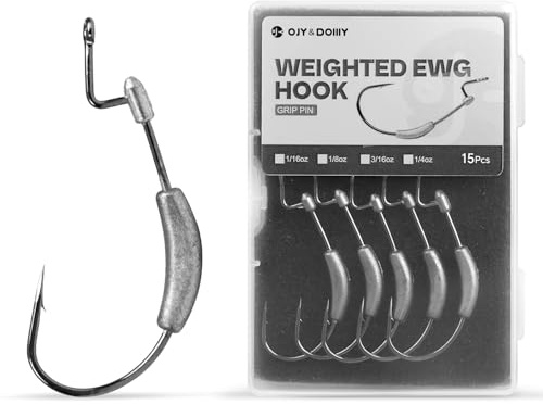 Weighted Bait Hooks with Molded Bait Stand, Equipped with EWG Weedless Fishing Hooks 2/0 3/0 4/0 5/0 1/16 1/8 3/16 1/4 oz (15 Pieces)