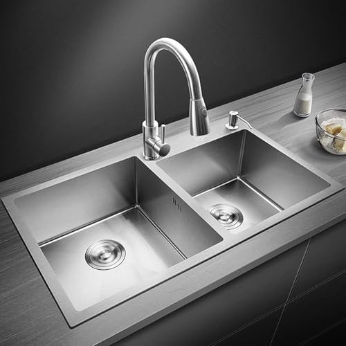 Extra Large Double Bowl Square Overmount Kitchen Sink (Stainless Steel) Embedded/Above-Counter Installation/Under-Counter Installation,Silver,Household Sink,Dishwasher