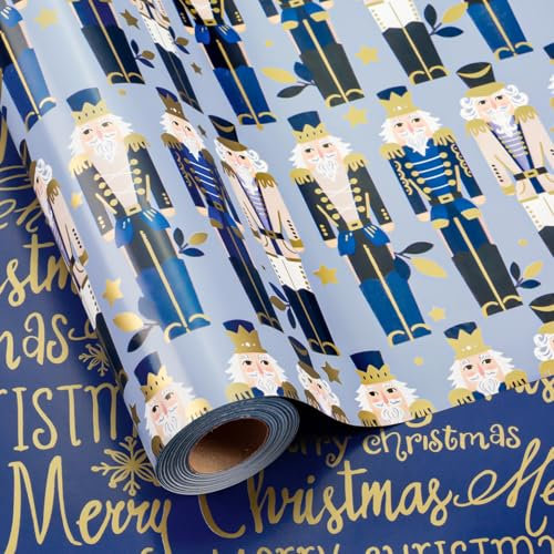 Afucus Reversible Christmas Wrapping Paper, Nutcracker, Gold Foil Merry Christmas, Star Themed, Cute Mini Gift Wrapping Paper Rolls for Christmas, Parties (17 Inch X 33 Feet)