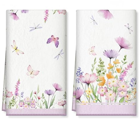 Arquiel Küchentücher 2 Stück, Geschirrtücher Weiche 100% Microfaser Lila Blume Küchenhandtuch Set Super Saugstarke Dick Hochwertige Küche Trockentuch Bar Handtücher 40 x 60CM