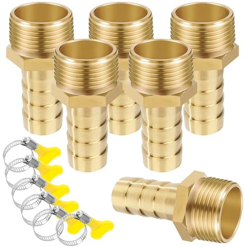 Messing Rohr Adapter, 6 Stück 12 mm Widerhaken x 3/4 Zoll Außengewinde Rohrverbinder aus Messing mit Gewinde, Schlauchtülle Verschraubung mit Klemmen für Wasser, Gas, Luft