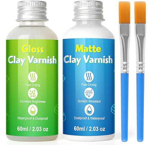 Air Dry Clay Glaze Kit, 2 x 60ml Gloss Matte Clay Varnish with 2 Brushes for Air Drying Clay, Air Dry Clay Varnish for Craft Pottery Oil Painting Wood Water Proof Scratch Resistant (Gloss+Matte Kit)