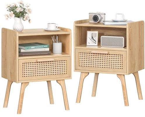 LELELINKY Lot de 2 tables de chevet en rotin bohème - Petite table d'appoint en bois avec tiroir et étagère ouverte - Table de chevet avec pieds en bois massif - Pour salon, table basse, chambre à