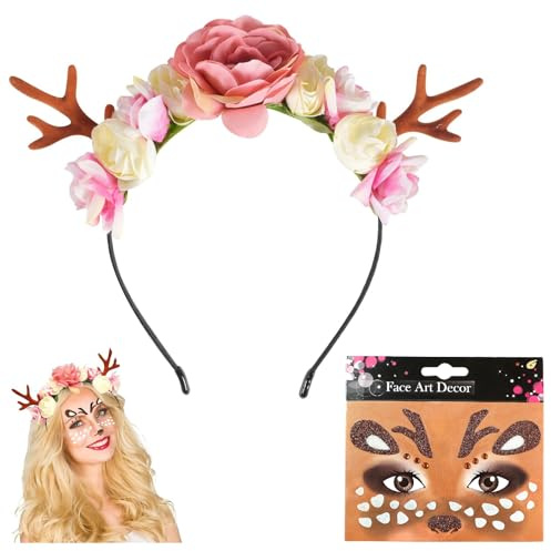 Geweih Haarreif,Geweih Haarreif mit Blumen Weihnachtskostüm-Accessoire für Damen und Kinder mit Gesichtstattoo Rentier Stirnband Elch Antlers für Mottoparty Cosplay und Bühne