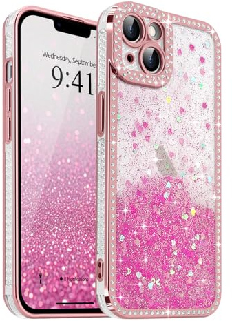 Ethanger Glitter Crystal Rhinestone Case for iphone 13, Rose red | Sparkling Gradient Bling Back, Crystal Diamond Design Cover, Protective Shockproof for Women Girls