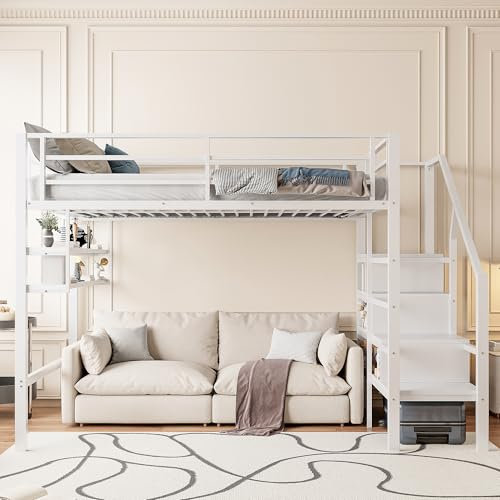 Hochbett 140x200, Kinderbett mit Treppe, Einlegeböden und Aufbewahrungsschrank, Etagenbett Metallbett mit Lattenrost, Funktionsbett Stockbett Spielbett Kinderhochbett Jugendbett, Weiß, Ohne Matratze