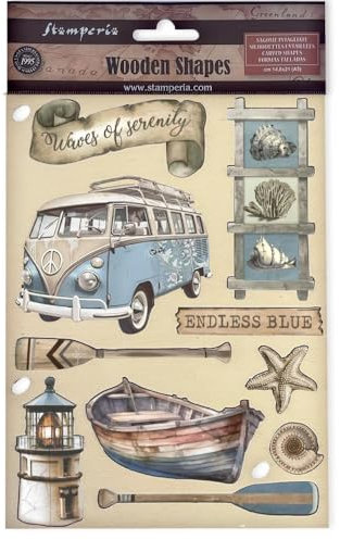 Stamperia - Coloured Wooden Shapes for Scrapbooking, Albums, Cards, and Bullet Journals, Laser Cut, Printed for Enhanced Detail, Perfect for Crafts and Gifting (Silent Sea, Endless Blue) (A5)