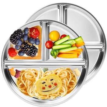 Sprigold 304 Stainless Steel Dinner Plates 2 Pack, 9.05’’Round Control Plate Divided Plates, Ideal for Children,Adults, Lunch Tray,Camping Food Tray Dishwasher-Safe (2, 9.05'' Round)