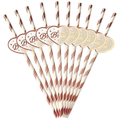 10Pcs Rose Gold Heart Stripe Paper Straws – Disposable Drinking Straws for Cocktails, Hen Party Straws, Team Bride Straws, Bachelorette Party Accessories, Stylish Paper Straws with Glue Points