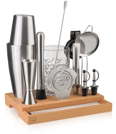 Vacu Vin Cocktail Set – Master 16-Piece Bartender Kit – Bar in a Box with Shaker, Knife, Jigger, Strainer & Tools – Compact Home Bar Set – Dishwasher Safe Professional Barware