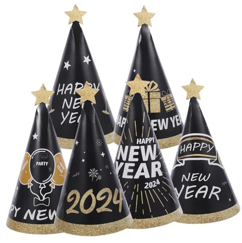WEKAMOS 6 Stück Teiliges Neujahrs Party Papierhüte Schwarz-gold und Erwachsene Leicht und Bequem für Silvester Feier Countdown Dekoration und Fotorequisiten