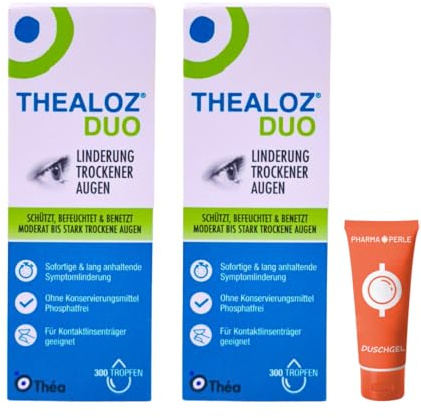 Thealoz Duo Augentropfen 10 ml | Befeuchtung & Pflege der Augen | Konservierungsmittel- & phosphatfrei | Mit Trehalose & Hyaluron | Für Kontaktlinsenträger geeignet | inkl. Pharma Perle Duschgel (2x)