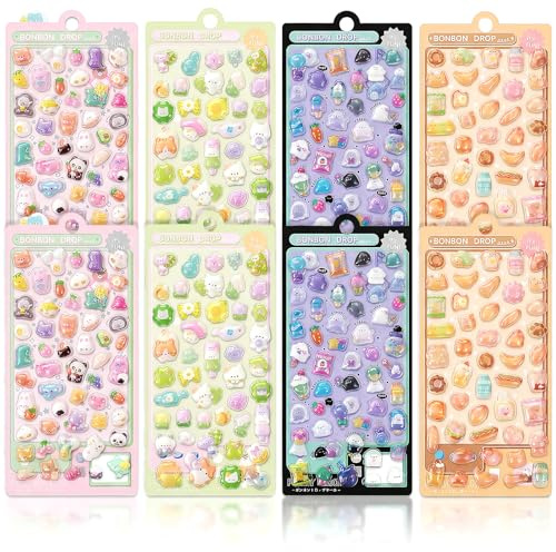 400+(8 Sheets) 3D Cute Puffy Stickers Kawaii Funny Japanese Jelly Sticker, Resin Decorative Stickers for Scrapbooking, Journals, Planners, Aesthetic Laptop & Phone Decor