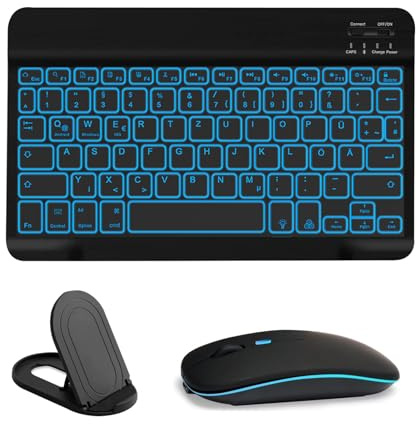 COEZFE Kabellose Bluetooth Tastatur & Maus mit Elefonhalter, Ultraflache drahtlose Tastatur (Deutsches QWERTZ) mit Maus für iPad/iPhone/Tablets & iOS Android Windows, 7 Farben Beleuchtete, Schwarz