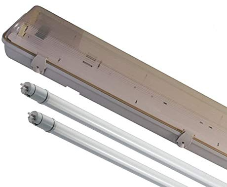 5FT TWIN LED 2 X 22W - NON CORROSIVE WEATHERPROOF FLUORESCENT LIGHT FITTING - IP65 - ENERGY EFFICIENT OUTDOOR STRIP LIGHT - IDEAL FOR GARAGES, WORKSHOP, SHEDS, GREENHOUSES OR COMMERCIAL APPLICATIONS - STURDY CONSTRUCTION - POLYCARBONATE DIFFUSER - BRANDED - 3 YEAR LAMP GUARANTEE - INCLUDES LED TUBE 22 WATT