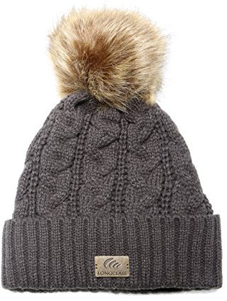 LONGCLASS Graue Bommelmütze Damen Elegance dunkelgrau anthrazit Mütze Frauen Wintermütze grau Wollmütze mit Bommel Damenmütze Strickmütze Pudelmütze Mädchen