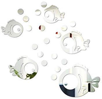 Vorcool 3D-Wandaufkleber, Acryl, Fische und Blasen, Spiegel-Aufkleber für Schlafzimmer, Wohnzimmer, Badezimmer, Dekoration Silber