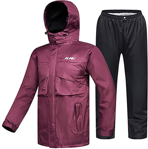 ILM Motorcycle Rain Suit Waterproof Women 2 Set Jacket and Trousers Motorbike Fishing Rain Gear Resistant Protective 6 Pockets RS02,Wine Red-women,M