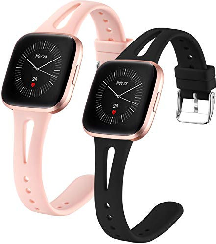 Dirrelo 2 Pack Bracelet Compatible avec Fitbit Versa/Fitbit Versa 2/Fitbit Versa Lite Bracelets, Svelte Étroit Bande de Respirant Silicone Remplacement pour Fitbit Versa SE, Noir+Rose S